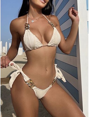  Dámské Plavky Bikiny Tři kusy Tanga Plavky Štíhlý Volná záda prázdniny Oblečení na pláž Pevná barva Krk ohlávky Bez rukávů Plavky