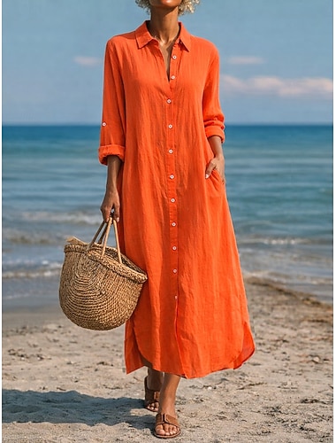  Robe maxi en coton lin pour femmes robe décalée décontractée ajustement lâche quotidien unie manches longues col à revers bleue noire blanche vert clair été printemps automne