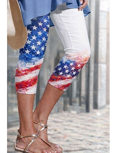  Calça legging chino feminina para o Dia da Independência dos EUA, estilo streetwear, comprimento até o joelho, cintura alta, com a bandeira americana, confortável, macia, elástica, para uso diário, ao ar livre, férias, azul e branca, verão.