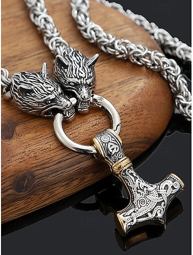  Collier pendentif style viking pour homme, en alliage avec motif tête de loup et marteau de Thor, bijou nordique unique pour une tenue décontractée ou de soirée.