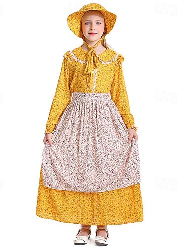  250e anniversaire des États-Unis 19ème siècle années 1800 Robe Prairie Ensemble bonnet et tablier Manches longues Fille pionnière Epoque Coloniale Pionnier Guerre d'indépendance américaine Fleuri