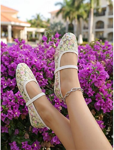 ballerine Mary Jane da donna in rete con ricami floreali: eleganti scarpe slip-on traspiranti in stile isola tropicale per vacanze in resort sulla spiaggia e viaggi estivi