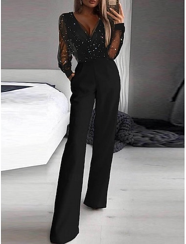  Damen Normal Overall Elegant Einfarbig Langarm V Ausschnitt Patchwork Netz Club Straße Normale Passform Schwarz Sommer