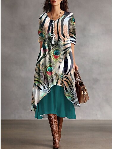  Dámské Midi šaty Úpletové šaty Na běžné nošení Dovolená Běžný Grafika Abstraktní Dlouhý rukáv Tričkový Žlutá Rubínově červená Trávová zelená Léto Jaro Zima