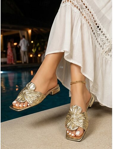  Sandalias con nudo metálico para mujer: elegantes zapatos de playa planos dorados para vacaciones de verano y conjuntos de resort. &eventos casuales junto al mar