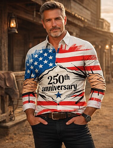  250-årsjubileum i USA Retro / vintage 1970erne قميص Aloha skjorte Lange Ermer Hippie Geometrisk Etnisk Kostyme Herre Maskerade 4. juli Fest Uavhengighetsdagen Voksne Trøye