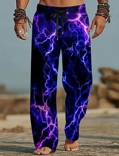  Herre 3D Print Lyn Bukser Uformelle bukser Posete bukser Medium Midje Mote Hjem utendørs Feriereise Elastisk snøring i midjen Linlignende bukser med lommer Sommer Vår 3D-utskrift Blå Lilla Oransje