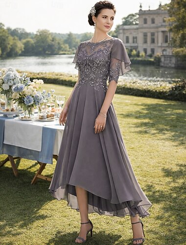  Linha A Assimétrico Longuette Vestido de festa Vestido Coquetel Vestido de convidada de casamento Vestido Para Mãe dos Noivos Meia Manga Scoop pescoço Elegante Formal Convidado do casamento Chiffon