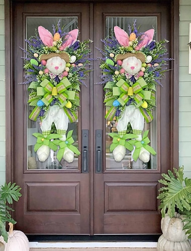  2 kpl suuria pääsiäispupun seppeleitä etuovelle, 24" keinotekoinen kevätpupuripustin laventelinvärisillä munilla ja vihreillä ruseteilla, oikukas maalaistalon pääsiäisseinän kuistinkoriste, söpö ulkoilmajuhlakoriste