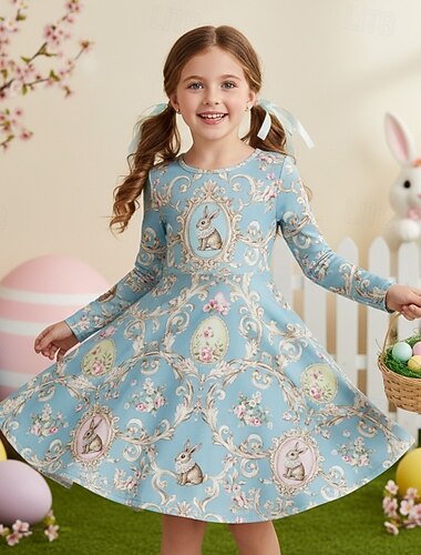  Pasen Meisjes 3D Grafisch Konijn Jurk Lange mouw 3D-afdrukken Lente Herfst Dagelijks Vakantie Feest leuke Style Casual Prinses Kinderen 4-12 jaar Casual jurk A lijn jurk Tot de knie Normale pasvorm