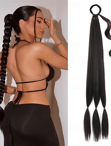  Extension queue de cheval tressée longue avec élastique, à enrouler soi-même. Postiche synthétique, style naturel, doux et volumineux, 86 cm (34 pouces), marron/noir. Idéale au quotidien.