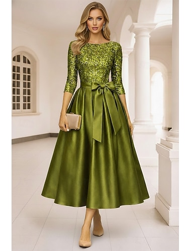  Ligne A Longueur thé Robes de Cocktail Élégant Manche 3/4 Col Bateau Fête de jardin Mariage Taffetas Pailleté avec Noeud(s) Plis