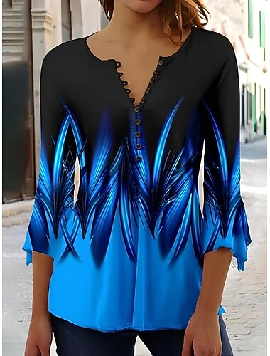  Dame T-skjorte Ombre Grafisk Abstrakt Elegant Vintage Stilig 3/4 Lengde Ermer V-hals Lange Topper Daglige Gå ut Knapper Blå Rød Oransje Grønn Sommer Vår Høst