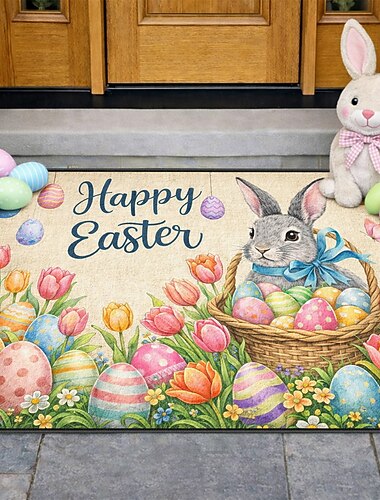  Zerbino pasquale, auguri di buona Pasqua con coniglietto in un cesto di uova e tulipani colorati, perfetto zerbino di benvenuto primaverile per le feste