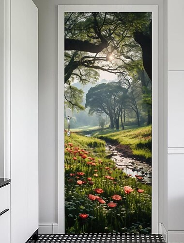  Striscione per porta con prato primaverile, natura, paesaggio, arazzo da parete, papaveri rossi, ruscello, foresta, raggi di sole, arte murale per ingresso, camera da letto, arredamento per la casa