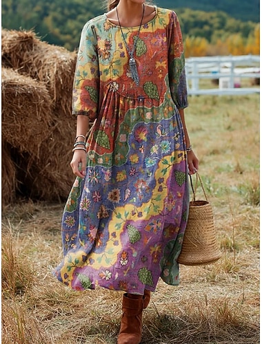  Damen Midi Kleid Boho Leinenähnlich Atmungsaktiv Leicht Shift-Kleid Urlaub Lässig Täglich Urlaub Date Weit geschnitten Grafik Geometrisch 3/4 Länge Arm Rundhalsausschnitt Blau Gelb Pink Sommer