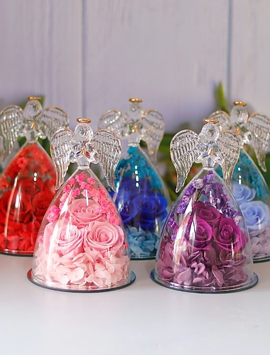  dárky pro ženy, konzervovaná růže navždy květina ve skleněných figurkách andělů, čerstvé květiny, dárky k narozeninám ke Dni matek pro maminku, pravé červené růže pro babičku, sestru, manželku, pro ni