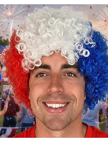  Perruques bouclées du 4 juillet rouge blanc et bleu perruque bouclée naturelle résistante à la chaleur synthétique pour cosplay fête costume
