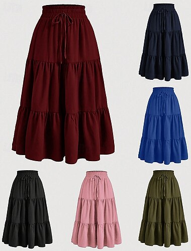  Per donna Elegante Bohemien Casual Maxi Vita media Gonne Semplice Arricciato Coulisse Stratificato Micro-elastico Quotidiano Streetwear Vinaccia blu navy Nero Rosa Estate