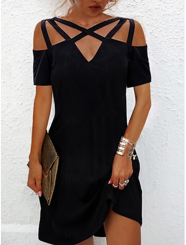 Damen schlichtes Cut-Out-Minikleid mit V-Ausschnitt, kurzärmlig, für den Alltag, Urlaub, Sommer, Frühling