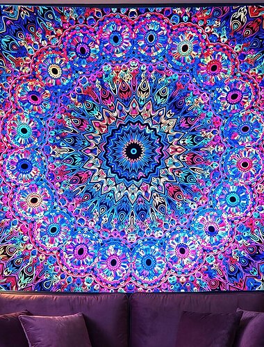  Schwarzlicht-Wandteppich mit aufwendigem Mandala-Design in leuchtenden, fluoreszierenden Farben – UV-reaktiver Wandbehang im Bohème-Stil für Schlafzimmer, Wohnzimmer, Studentenwohnheim und Partyräume