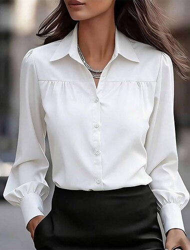  نسائي قمم الصيف بلوزة قمم متأنق مكشكش بقع Buttons لون الصلبة سهل أنيق عتيق سيدات كم طويل كم ضيق قبعة القميص قمصان عادية مناسب للبس اليومي عمل مناسب للعطلات أزرق أسود أبيض وردي بلاشيهغ أزرق البحرية