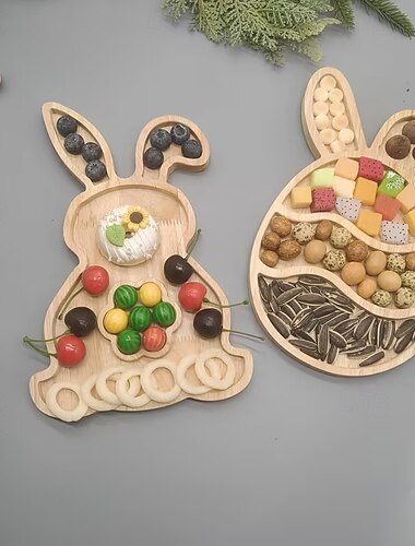  Bandeja de madeira em formato de ovo com coelho - orelhas de coelho com listras onduladas &Corpo em madeira de seringueira rústica com acabamento em óleo, ideal para centro de mesa na Páscoa,