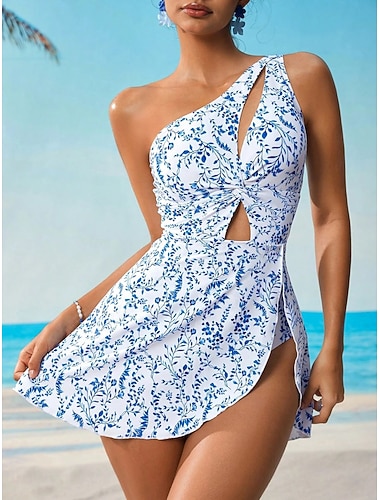  Femmes Maillots de Bain Une Pièce Monokini Robe de Bain Maillot de bain Contrôle du ventre Taille haute Mince Dos nu Élégant Vacances Fleuri Col asymétrique Sans manches Maillots de bain