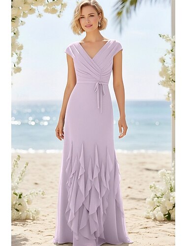  Linjeform Gulvlengde Gjestekjole til bryllup Formell kjole Aftenkjole Kjole til brudens mor Langermet V-hals Elegant Årgang med Kryssdrapering Bølgemønster Drapert