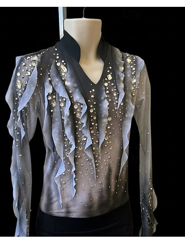  Topp til kunstløp Herre Skøyteløp Topper Svart / Sølv Lapper Asymetrisk kant Elastisk Trening Konkurranse Skøyteklær Klassisk Krystall / Rhinstein Langermet Skøyting Kunstløp