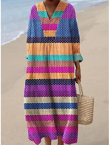  Femmes Robe maxi Robe d'Été Robe fourreau Vacances Occasionnel Plage Sortir Coupe Ample Graphique Géométrique Abstrait manche longue Col en V Rouge bordeaux Rouge orangé Fuchsia Été Printemps Automne