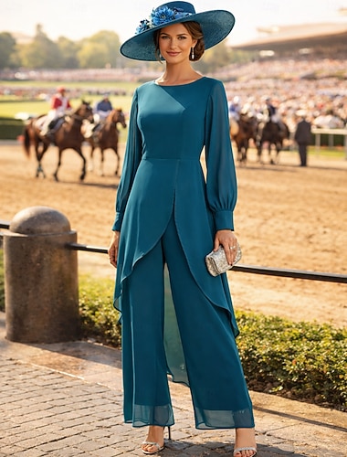  Completo Pantalone Asimmetrico Abito da cerimonia per signora Manica Lunga Girocollo Elegante Formale Ospite di nozze Serata Formale Chiffon con Tinta unita