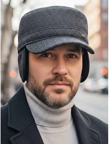  メンズイヤーフラップフラットキャップ - 複数の色、ポリエステルウールブレンド、冬やアウトドア活動のための暖かくスタイリッシュなキャップ