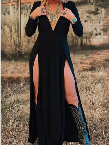  Damen Maxikleid schwarzes kleid Freizeitkleid Mode Modern Outdoor Urlaub Party Lässiger Schnitt Einfach Langarm V Ausschnitt Schwarz Sommer Frühling