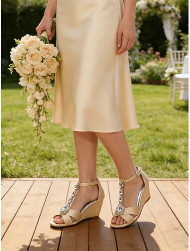  Damskie granatowe sandały na koturnie z kryształkami, eleganckie buty z odkrytymi palcami dla druhen na wesela w ogrodzie na świeżym powietrzu