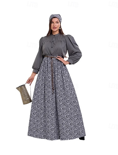  250e anniversaire des États-Unis 19ème siècle années 1800 Longueur au sol Robe Prairie Ensemble bonnet et tablier Manches longues Fille pionnière Epoque Coloniale Pionnier Guerre d'indépendance