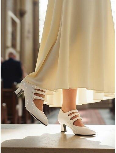  Kvinnenes patentlær falsk lær Mary Jane hæler - Vintage Gatsby mid-hæl pumper med perlestraps elegante sko bryllup og formelle anledninger