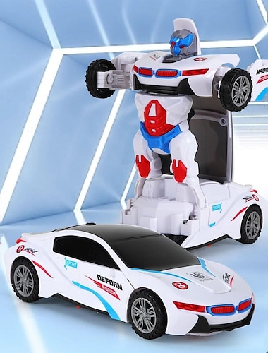  Voiture robot transformable en jouet de sport avec robot convertible, lumières, voiture à piles pour enfants, musique & bosse  &Fonction go pour enfants, blanc