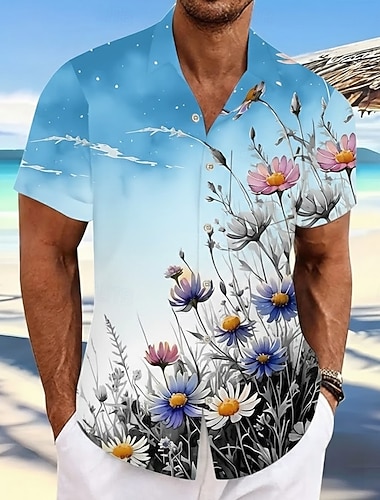  Herren Gänseblümchen Blumendruck Blumen Sommer Hawaiihemd Knopfhemd Alohahemd Kurzarm Hawaiianisch Lässig Urlaub Sommer Frühling Umlegekragen 3D-Druck Hemden mit Kragen Eine Tasche vorne Blau Schwarz