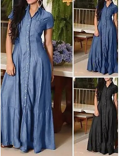  Női Maxi hosszú ruha Farmer ruhák Divat Modern Napi Vakáció Alkalmi Normál Sima Rövid ujjú Állógallér Medence Fekete Sötétkék Nyár Tavasz
