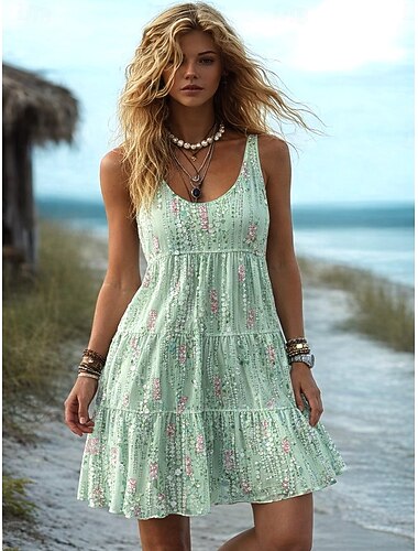  Kentucky Derby Damen Minikleid Rückenfreies Kleid Urlaub Lässig Täglich Strand Ferien Normale Passform Blumen Grafik Ärmellos Rundhalsausschnitt Grün Sommer