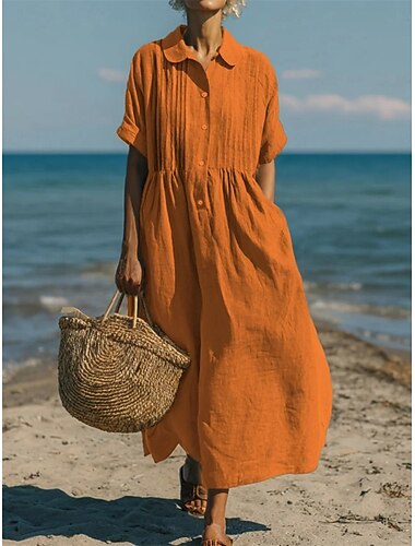  Per donna Abito Midi Finto cotone e lino Abito Camicia Vestito a caftano Moda Moderno Quotidiano All'aperto Vacanza Vestibilità comoda Semplice Manica Corta Colletto a Camicia Blu Bianco Rosa Rosso