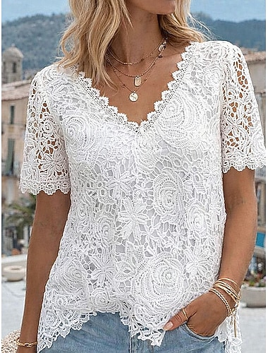  Damen T Shirt Spitzen-T-Shirt T-Shirt Spitze Einfach Elegant Mode Stilvoll Kurzarm V Ausschnitt Normale Oberteile Täglich Ausgehen Wochenende Weiß Sommer Frühling