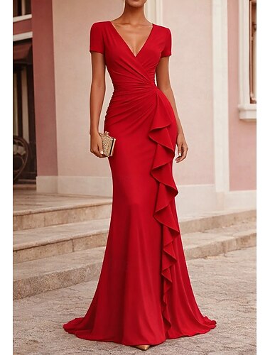  Havfrue Sweep Børste train Kveldskjoler Elegant Kortermet V-hals Bryllup Formell Stretch Crepe med Bølgemønster Drapert