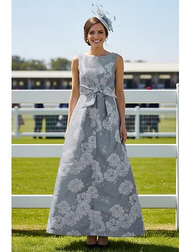  A-Linie Knöchellänge Kleid für Hochzeitsgäste Derby-Kleid Brautmutterkleid Ärmellos U-Boot-Ausschnitt Elegant Vintage Formell Kentucky Derby Satin mit Schleife(n) Druck