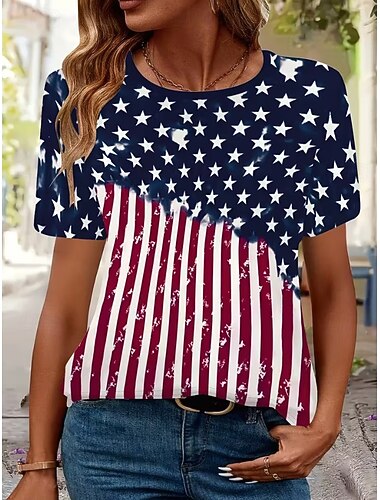  Maglietta patriottica da donna per il Giorno dell'Indipendenza con grafica bandiera vintage moda elegante maniche corte girocollo top regolari stampa quotidiana weekend color block rosso  blu estate