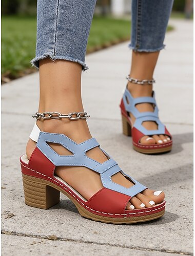  Γυναικεία Causal Καθημερινά Κοντόχοντρο Τακούνι Ανοικτή μύτη Καθημερινό Ανατομικό Φο Δέρμα Λάστιχο Κίτρινο Βυσσινί Κόκκινο+Μπλε