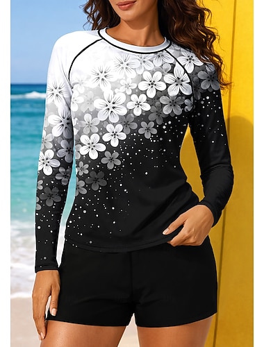  Damskie Średnie Strój kąpielowy Rashguard Docieplacze Strój kąpielowy z nadrukiem kwiatowym Kwiatowy Tropikalny Blokowanie kolorów 2-częściowa Wyjmowane wkładki Boyleg Ochrona przeciwsłoneczna UV