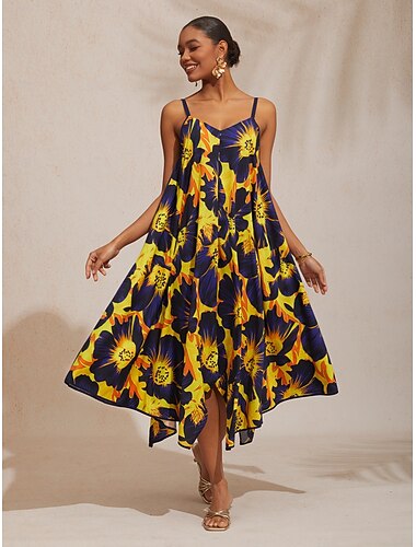  Vestido de alças floral de rayon para férias com tema de sol