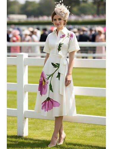  A-linje Te-lengde Festkjole Cocktail Kjole Gjestekjole til bryllup Kjole til brudens mor Kortermet Skjortekrage Elegant Minimalistisk Bryllupsgjest Formell kveld Kentucky Derby Sateng med Belte